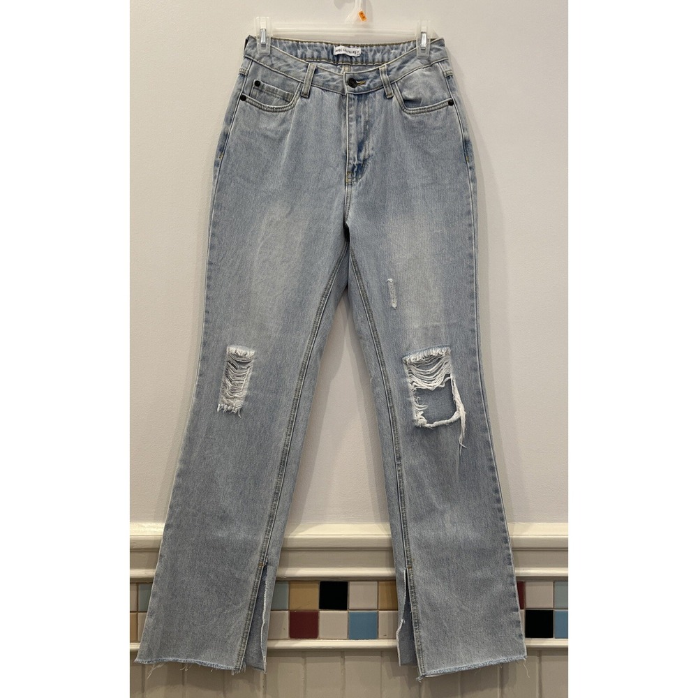 Avec Les Filles Women's Distressed Split Hem Washed Light Blue Jeans Size 26-27